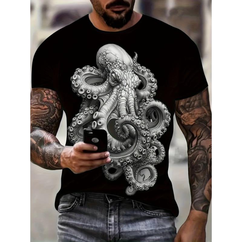 Men s 3D Octopus Print Breathable T-Shirt - 100% Cotton, Crew Neck, Short Sleeve, S