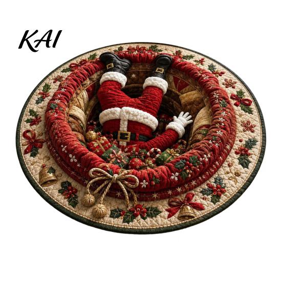 Kerstfeest Woondecoratie Ronde Kerst 3D Vloerkleed, Optische Illusie Vloerkleed Kerstman Kabouter Gewatteerd-achtig Comfortabel Blote Voeten Vloermat Antislip