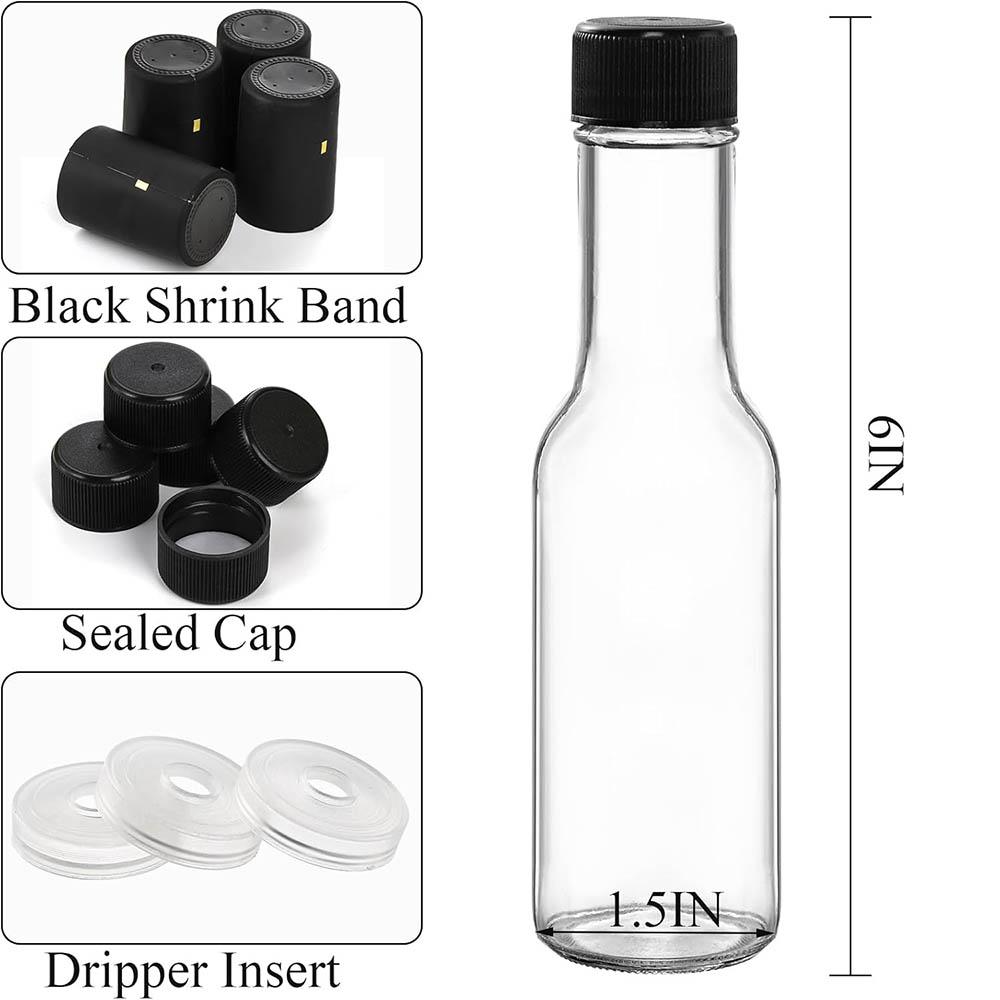 Small Glass Bottle,3oz Glass Woozy Bottle,Empty Mini Hot Sauce Bottles,Clear Liquor Wine Bottles with Shrink Capsule,Black Caps