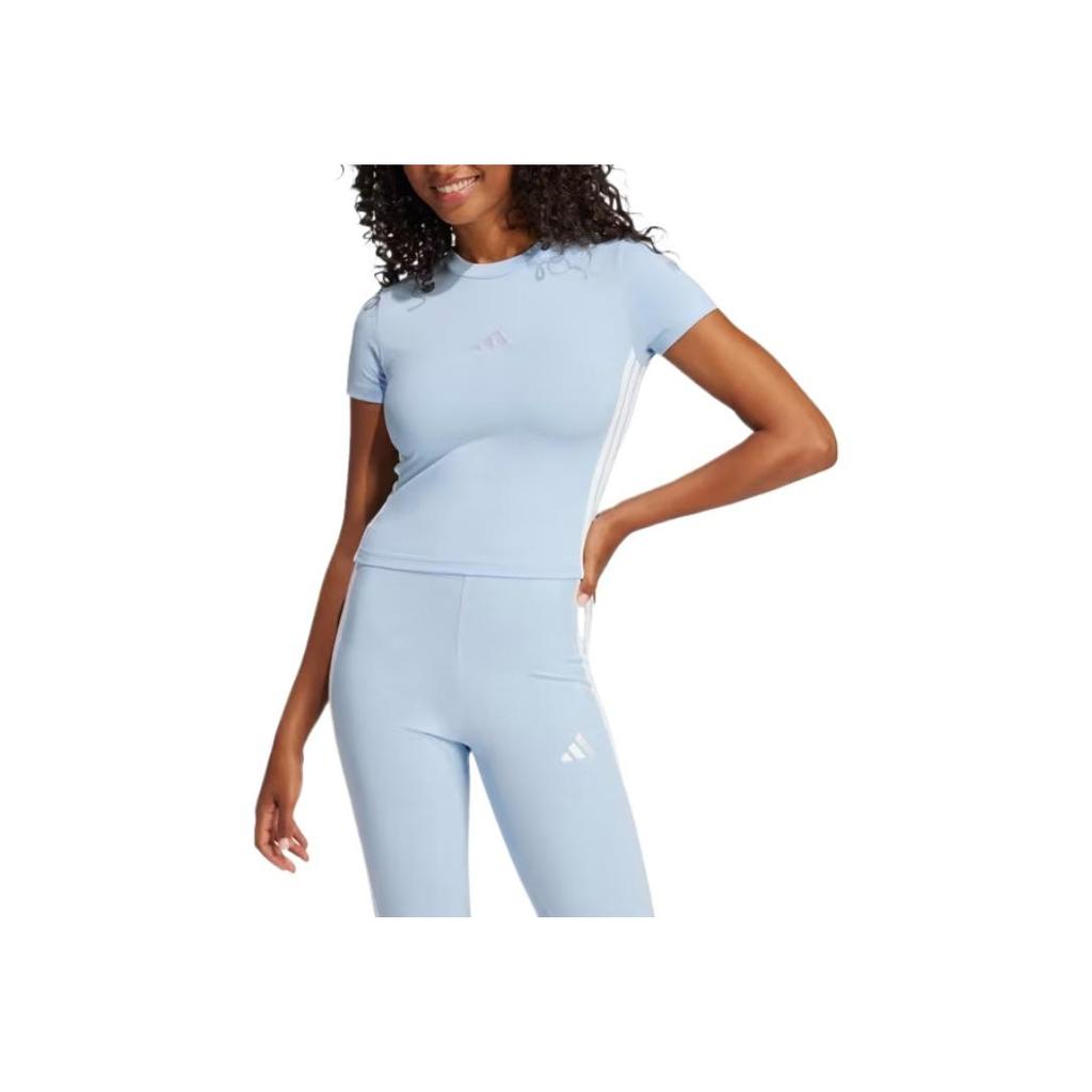 adidas Womens Essentials 3-Stripes Slim Baby T-Shirt Glow Blue/White Women Streetwear JE1241
