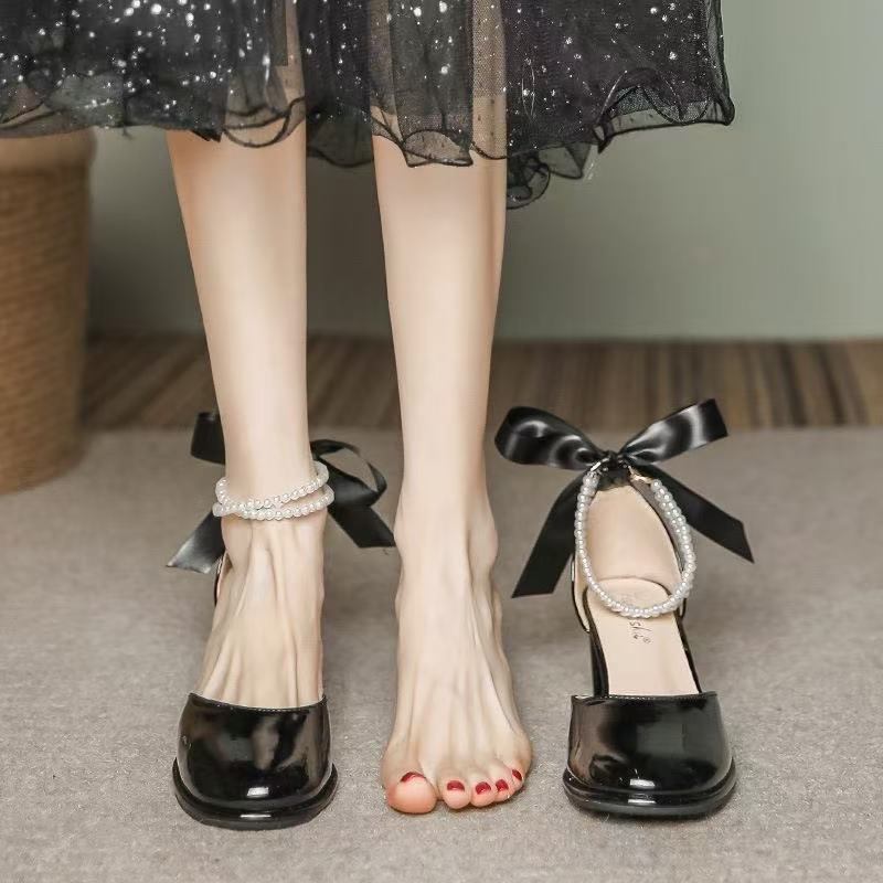 2025 summer new versatile round head thick heel bag head pearl bow light mouth hollow sweet Mary Jane shoes women
