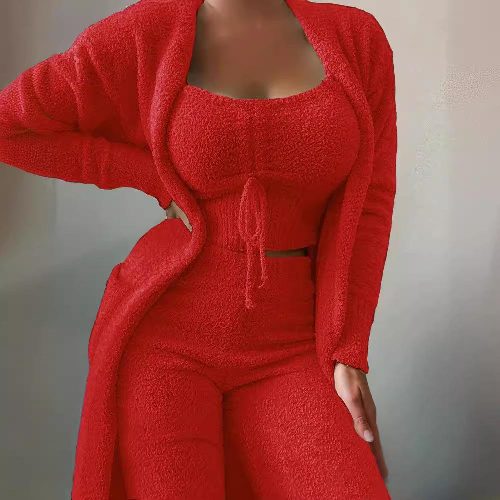 2026 Women's Plush Three-Piece Lace-Up Pajama Set - Casual Home Wear