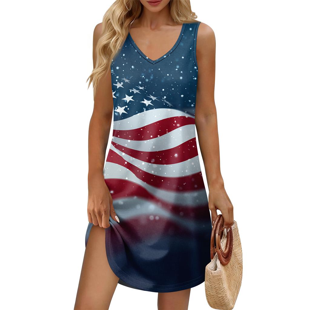 Women's Summer Casual Sun Skirt With Pocket V-Neck Independence Day Printed Loose Vest Dress