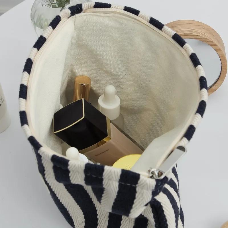 Women Stripe Comestic Case Clutch Pouch Canvas Makeup Storage Bag Women Handbag Portable Toiletry Travel Organizer Case