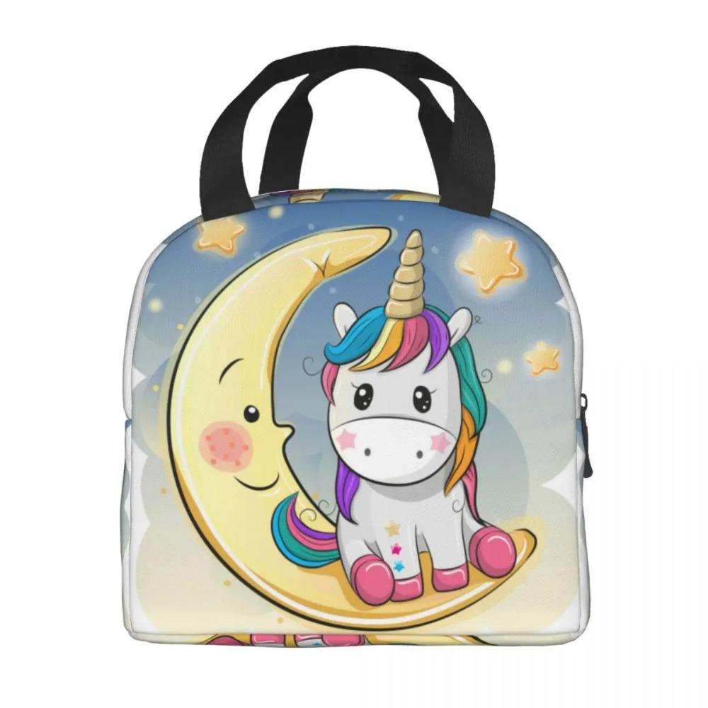 Bonito Unicornio Sentado en la Luna Lonchera Portátil para Mujer Enfriador Impermeable Térmico Aislado para Alimentos Bolsa de Almuerzo para Escolares Niños Estudiantes