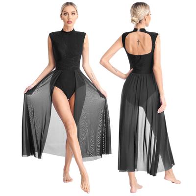 Damen Lyrisches Tanzkleid mit Blumenspitze und Patchwork-Muster, Stehkragen, offener Rücken, ärmellos, Trikotkleider, Bühnenkostüm