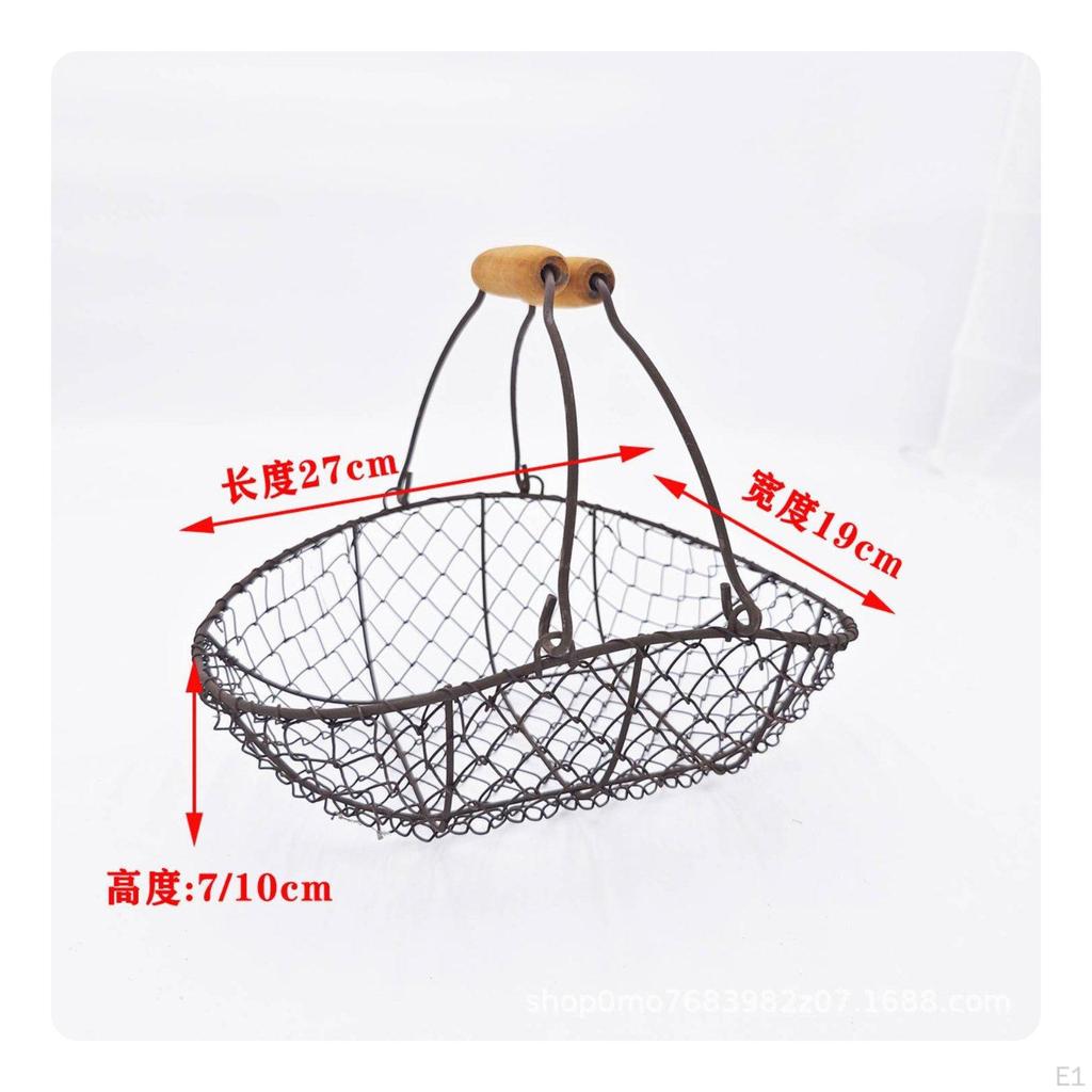 Metal Wire Egg Basket Portable Mesh with Wooden Handles Versatile Rustic Fruit Display
