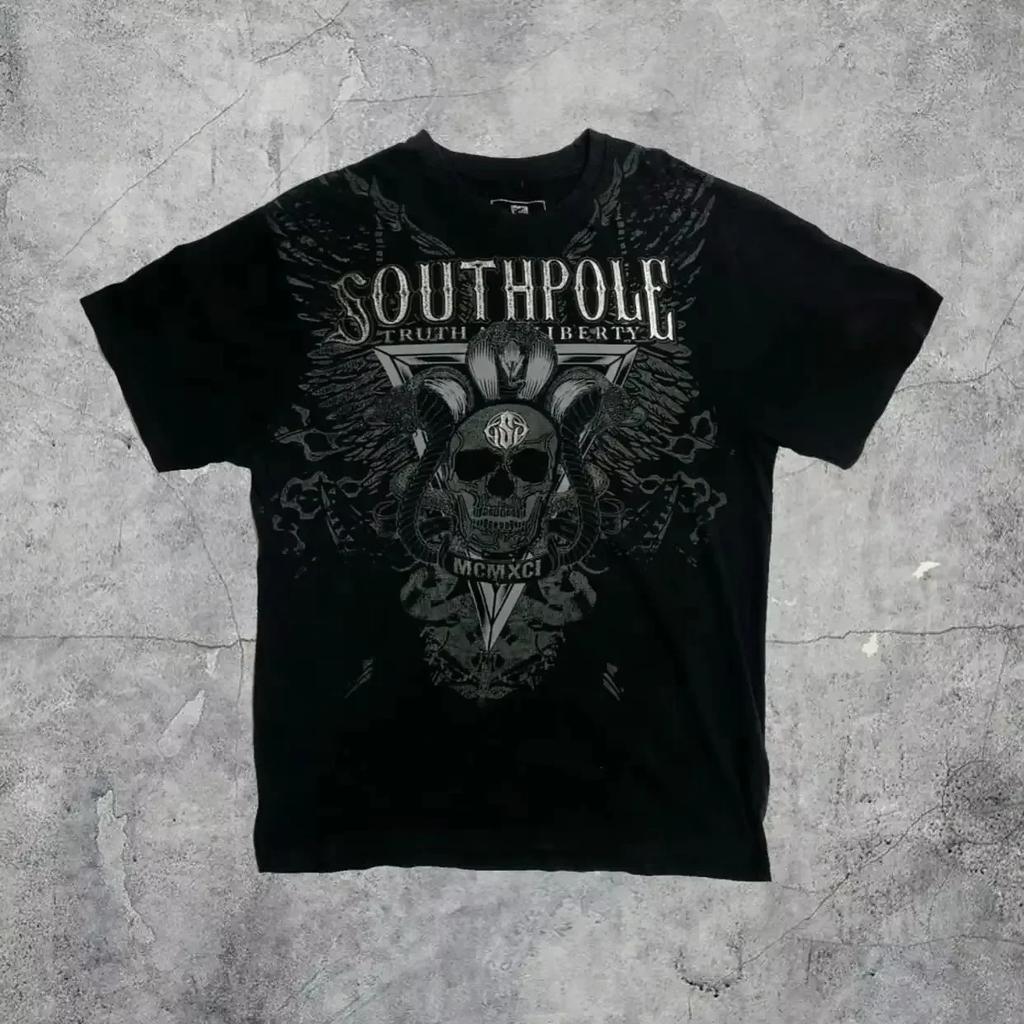 Southpole Y2K Vintage Graphic Tee Distressed Oversized Unisex T-Shirt with Gothic Print Streetwear Retro Soft Shirt