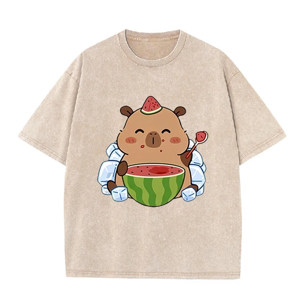 2026 Vintage Washed Beige Cute Capybara Watermelon Graphic T Shirt Summer Ice Animal Print Oversized Casual Short Sleeve Tee
