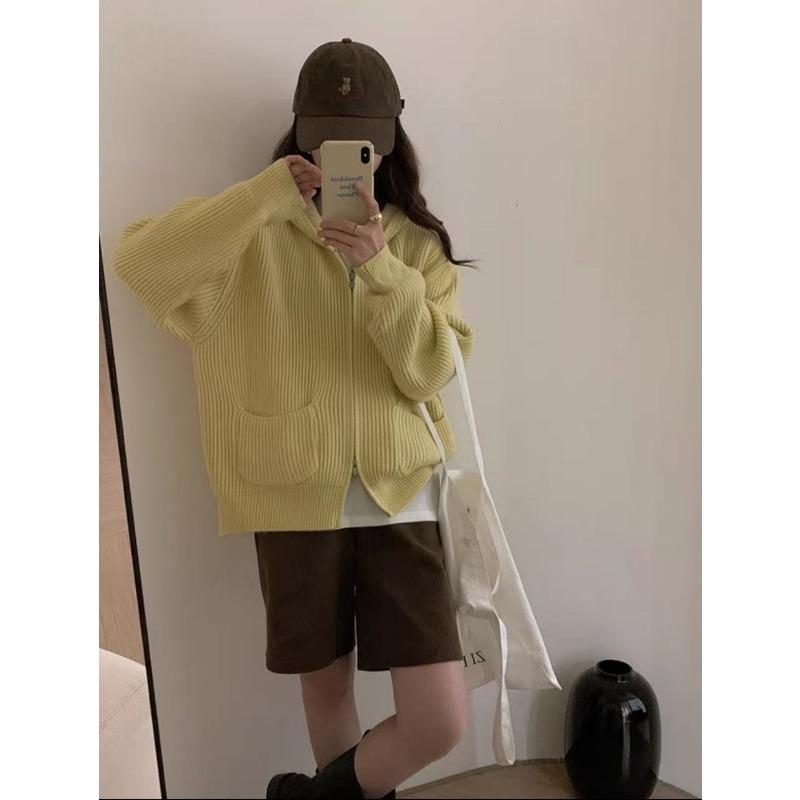 Lazy Wind Hooded Sweater Jacket Women's Autumn and Winter New Loose and Versatile Soft Waxy Long-sleeved Zipper Knitted Cardigan