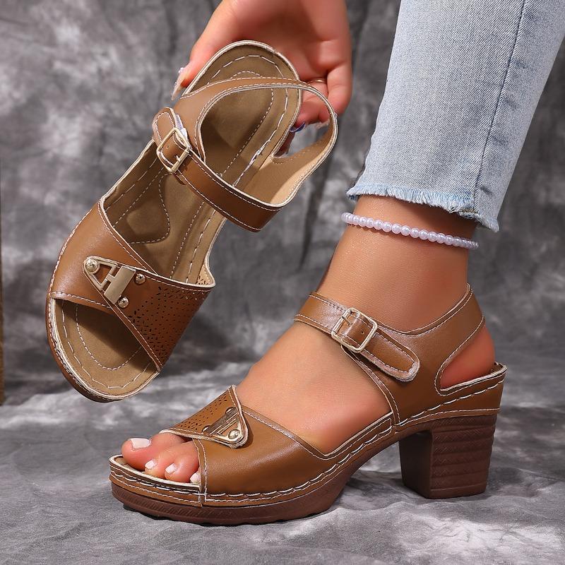 Women's Summer New Thick Heel Sandals - Big Size High Heel Single Band Buckle Strap Casual Shoes