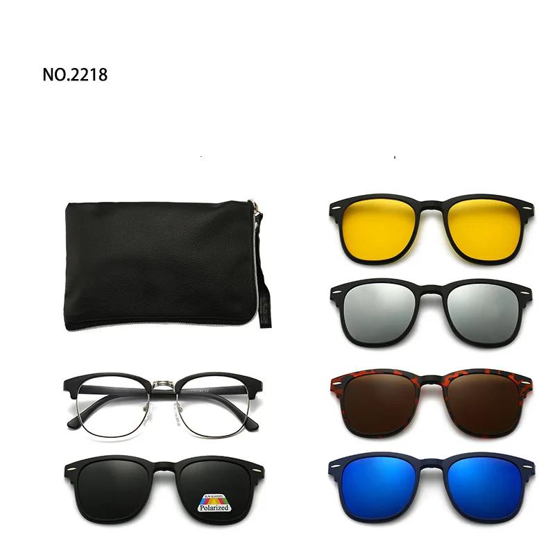 6 In 1 Spectacle Frame Men Women With 5 Pcs Clip On Polarized Sunglasses Magnetic Glasses Male Computer Optical 2201