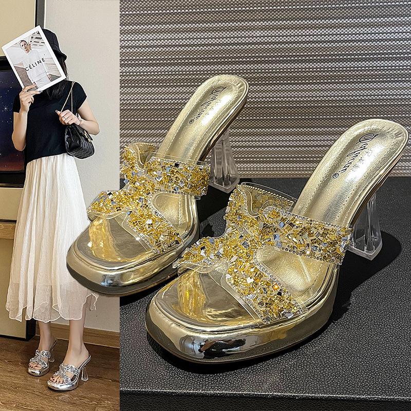 35-42 Large Size High-heeled Slippers Crystal and Waterproof Table 2025 Summer New Sexy One-character Drag
