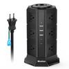 Black Tower Power Strip with 5 USB Ports (2 USB-C + 3 USB-A), 12 Outlets, 2m Long, Fast Charging, Individual Switches, 3-Tier Outlet Strip, Overload P