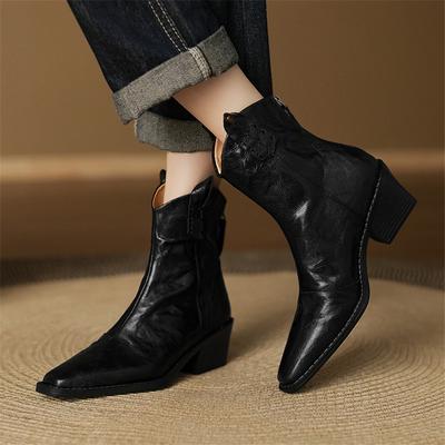 Modne Nowe Jesienno-zimowe Damskie Kozaki z Prawdziwej Skóry Buty z Kwadratowym Noskiem dla Kobiet Modne Kozaki Wysokie Obcasy Tylny Zamek Westernowe Kozaki