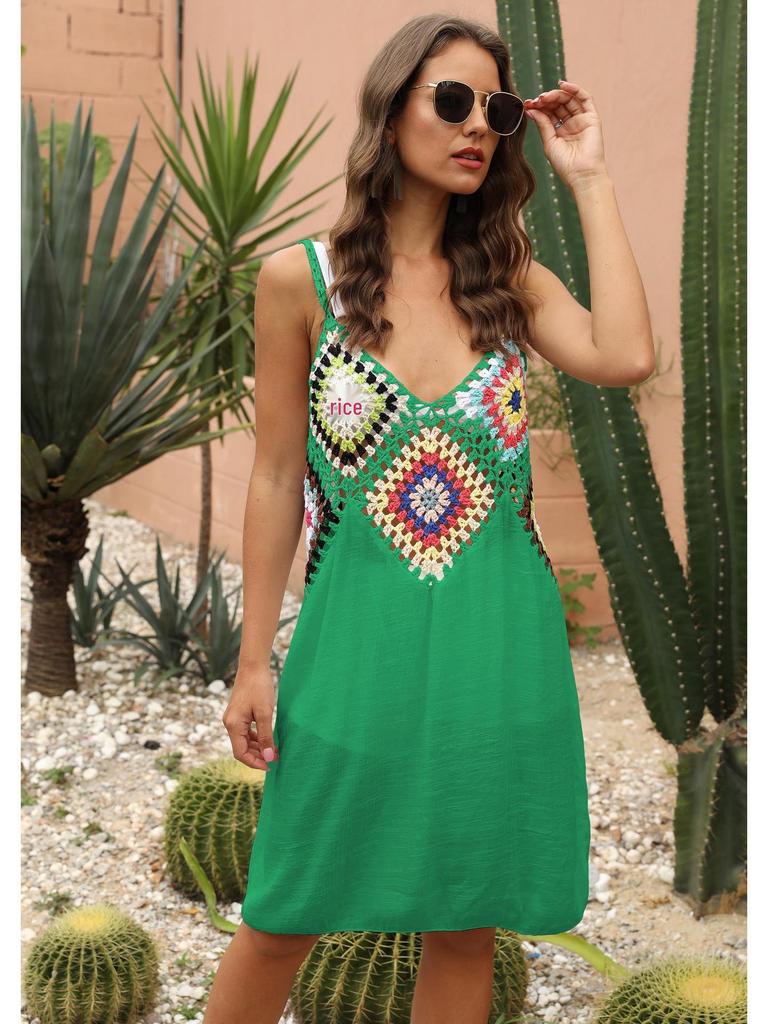 Women's Hand-Crocheted Flower Patchwork Sleeveless Beach Cover-up Dress