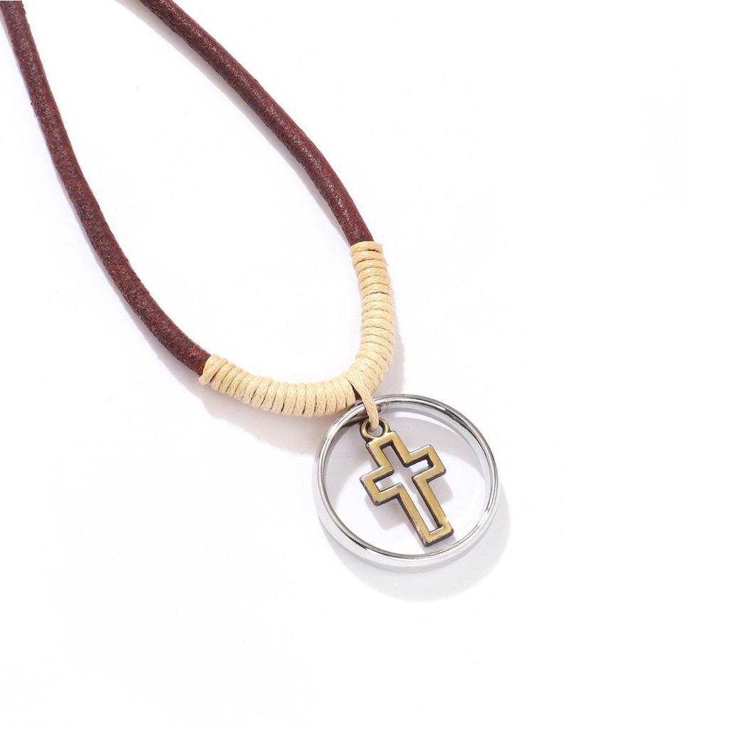 Vintage Round Leather Cord Pendant Necklace With Unique Fingerprint Design Bohemian Statement Jewelry For Women