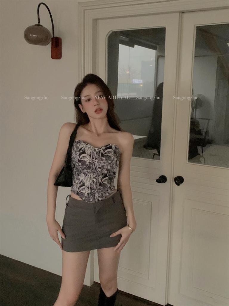 Summer 2025 Retro Slim Fit Printed Sleeveless Bandeau Top for Women - Trendy Student Style