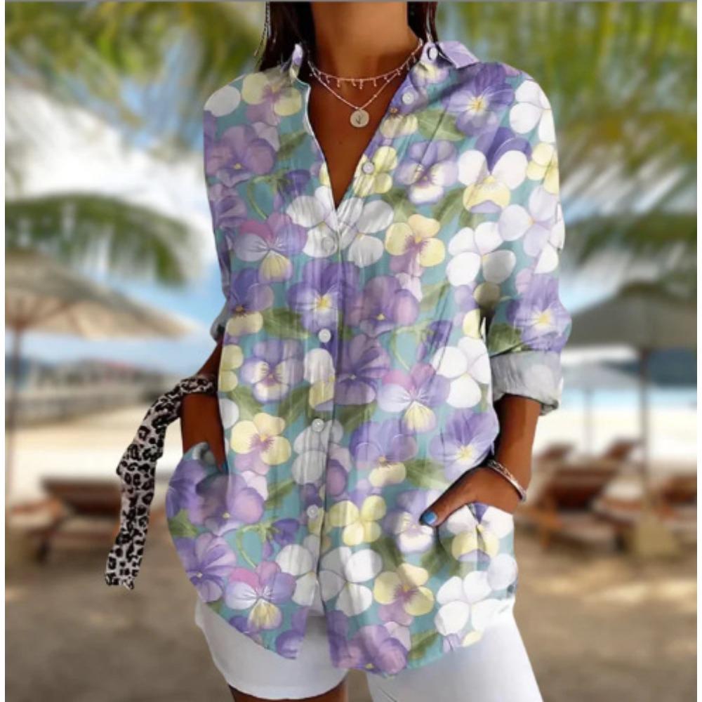 Plus Size Women Long Sleeve Button Shirt Solid Floral Casual Comfort Blouse
