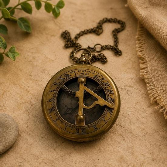 Sundial Compass with Leather Case, Brass Pocket Compass, Engraved Gift for Him, Unique Anniversary Explorer Gift