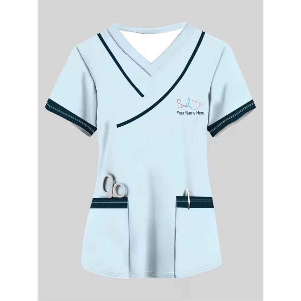 Surgical Gown Women's 3D Printed Nurse Top Summer Fashion V-tie Pocket Short Sleeved Women's Medical Gown