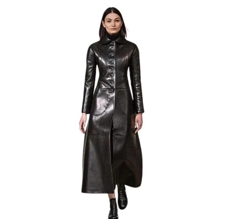 

Ручная работа Черный Новый Женский Тренч Длинный Пальто Из Ягненка Кожа Повседневный Стильный Официально L чёрный