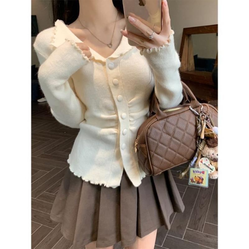 Lapel fungus edge knitted cardigan sweater women's autumn new slim waist top trendy