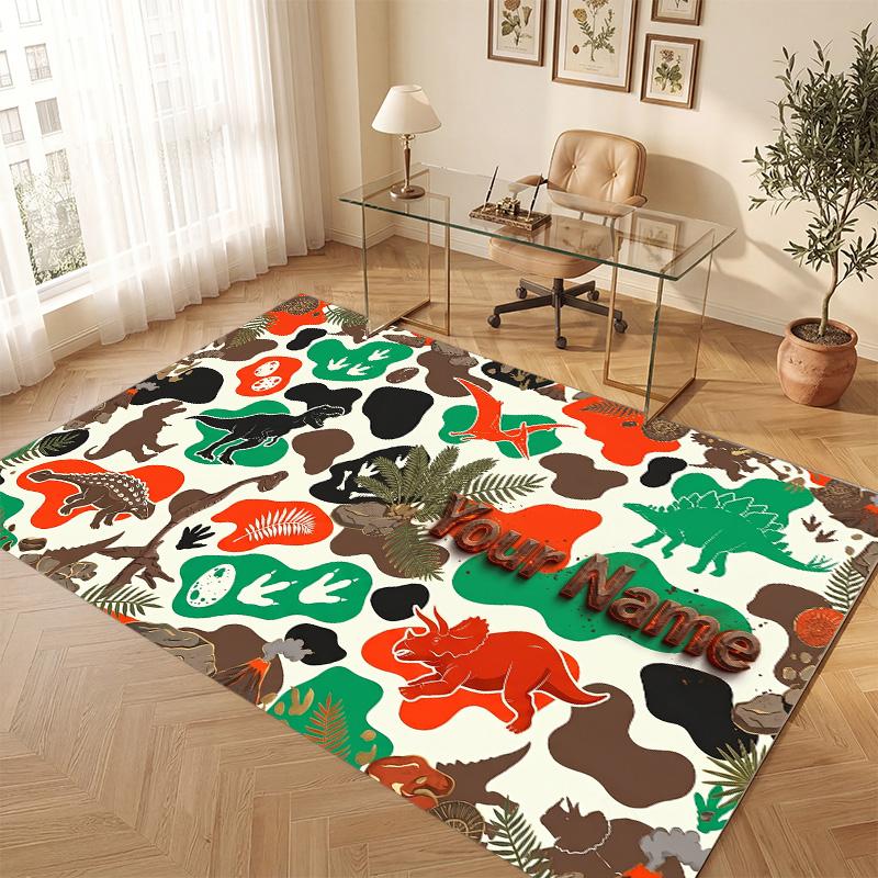 Dinosaur Theme Soft Crystal Velvet Rug Custom Name & Text Print Non Slip Floor Rug for Bedroom Living Room