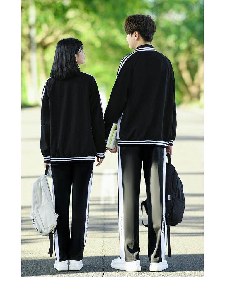 College Style Black Baseball Jacket Set for Students – 3-Piece Autumn Sports School Uniform