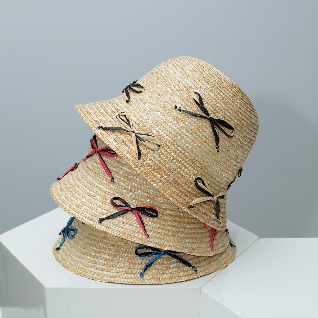 Original Design Wheat Straw Woven Bucket Hat with Bow, Breathable Sun Protection, Fashion Versatile Summer Beach Cap for Women