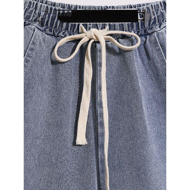 European and American Summer Students Plus size women clothing Drawstring Simple A Word Covering Loose Wide Leg Demin shorts Hot Pants S-5XL