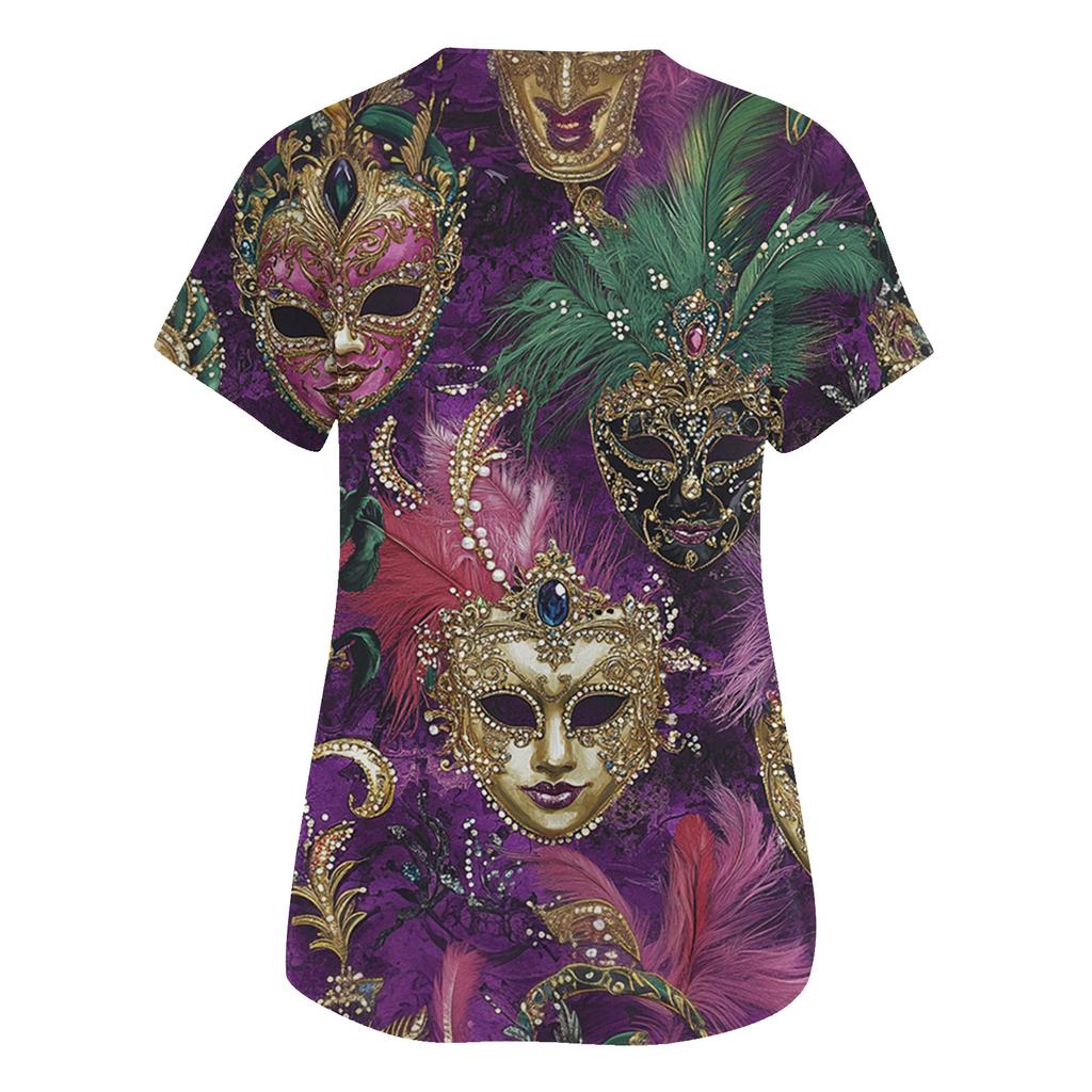 Women's Fashion V-Neck Short Sleeve Overalls With Pockets  Print Tops  Clothes