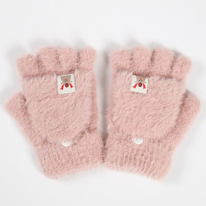 Outdoor Women Imitation Velvet Gloves Touch Screen Lovely Half-Finger Flip-Top Outdoors Gloves Solid Color Soft Knitted Mittens