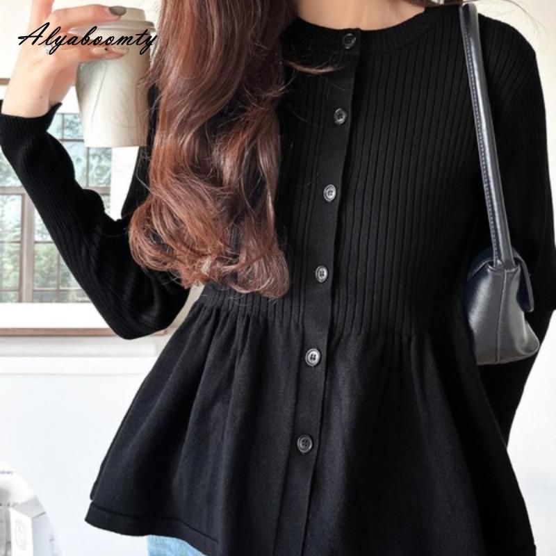 Korean Fashion Spring Autumn Women Ball Gown Knitted Coat O Neck Black Beige Brown Knitting Cardigan Elegant Feminine Ladies' Outerwear