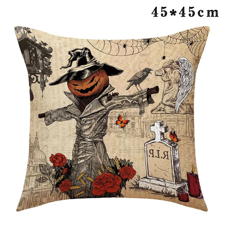 Halloween Pumpkin Scarecrow Pillowcase Black Cat Crow Skull Linen Sofa Cushion Cover Ghost Festival Home Decorative Pillow Case
