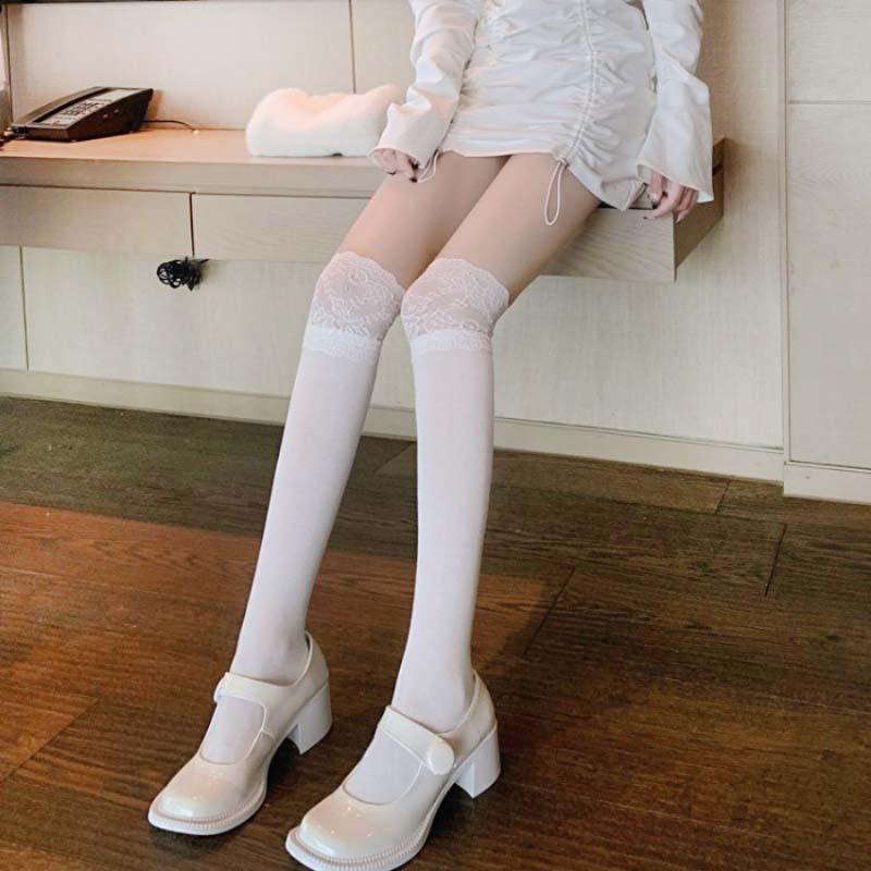 Lolita Lace Frill Mid-Calf Socks with Bow Ribbon - White Ballet Style JK Knee-Highs for Spring & Autumn
