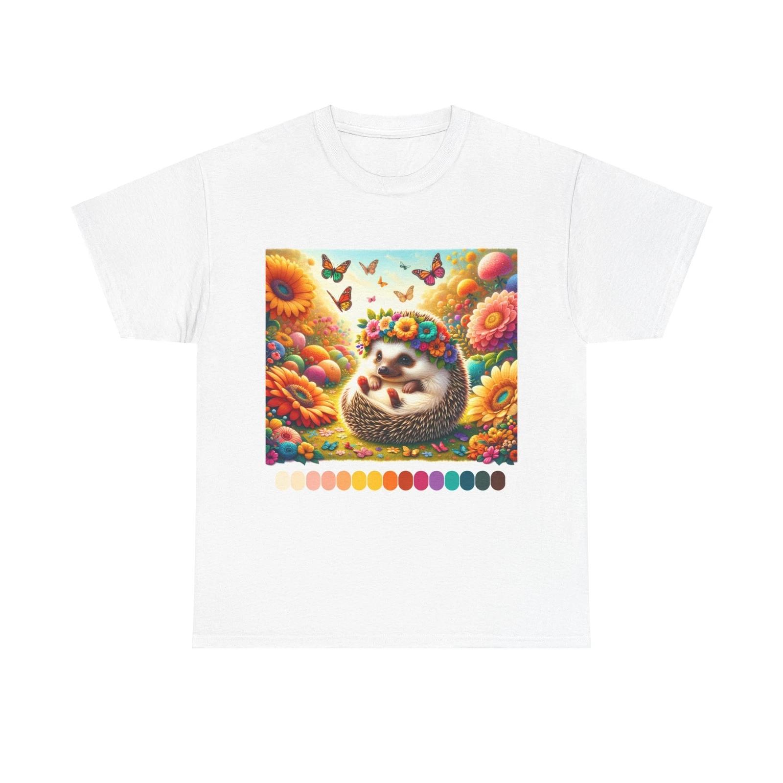 Unisex Adult T Shirt Hedgehog Floral Crown Whimsical Garden Butterflies 2XL