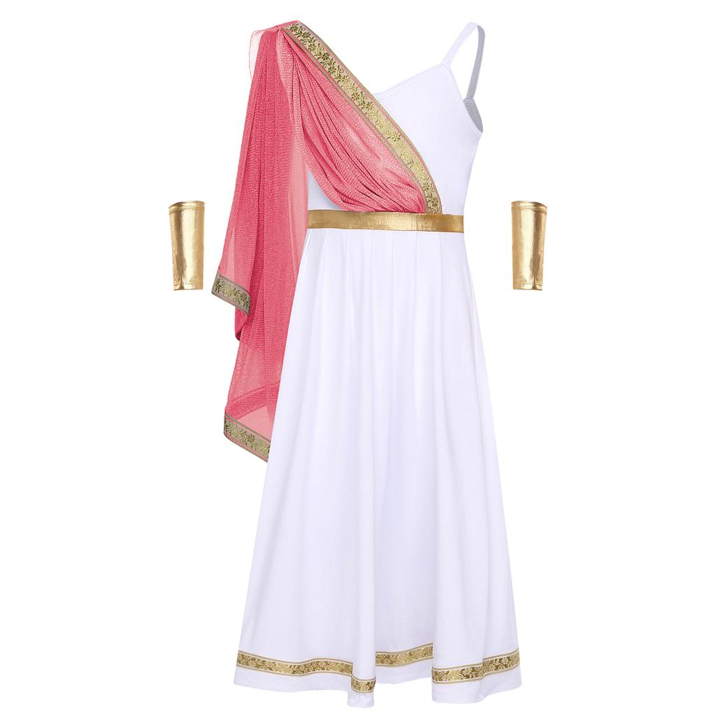 Disfraz de Princesa Griega Antigua para Niñas Vestido Camisola de Cintura Alta Capa con Bordado Dorado Manga para el Brazo Atuendo de Halloween
