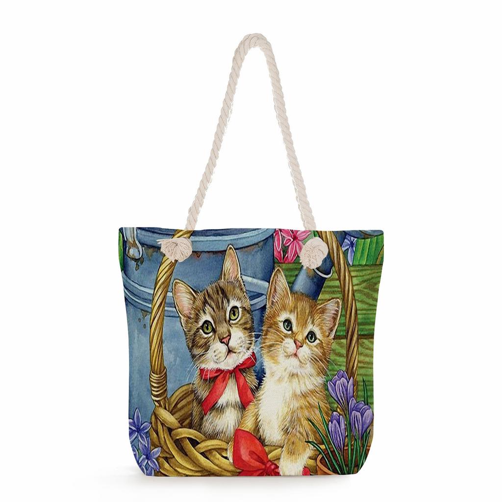 Cat print thick rope single-shoulder beach bag 7228