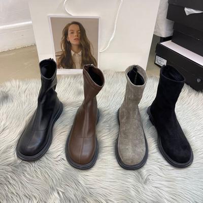 Niche Flat Black Martin Boots Soft Leather Brown Short Boots Medium Thin Boots