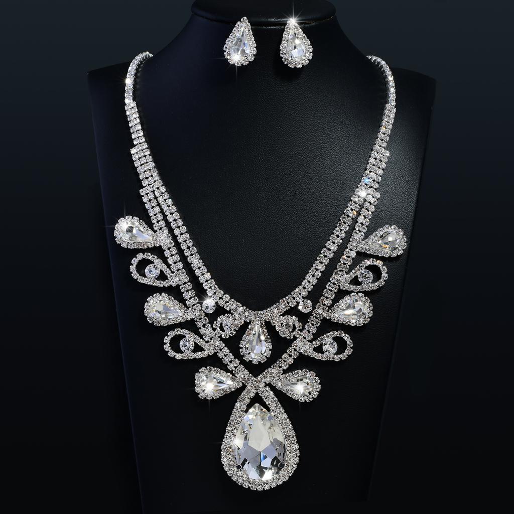 Fashion High-Grade Colourful Teardrop Female Bridal Crystal Full Diamond Necklace Earrings Two-Piece Set Exquisite