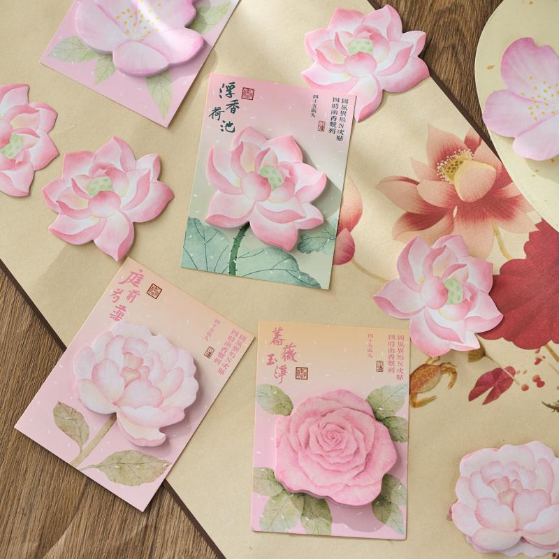 45 Sheets Chinese Style Lotus Sticky Notes Reusable N Times Stickers Ink Wash Design Student Stationery For Journal