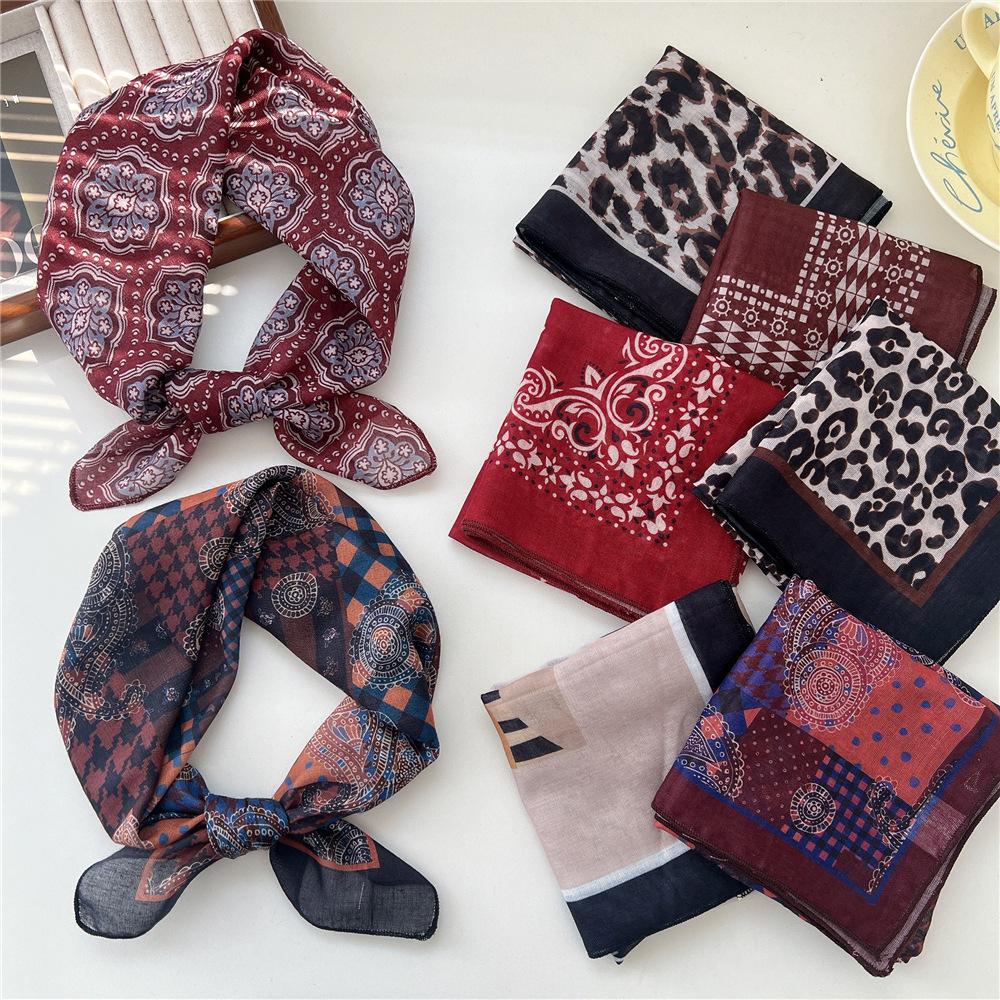 55 Leopard Print Cotton And Linen Silk Scarf Women'S Small Square Scarf Neck Protection Headscarf Decorative Scarf Fashionable Foreign Style Scarf