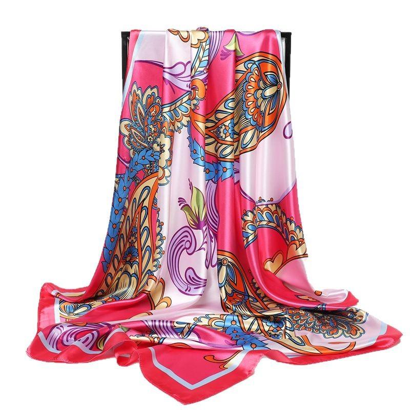 Color Matching Cashew Nut Satin Printed Silk Scarf Shawl Sunscreen Large Square Scarf Satin Imitation Silk Shawl Headscarf