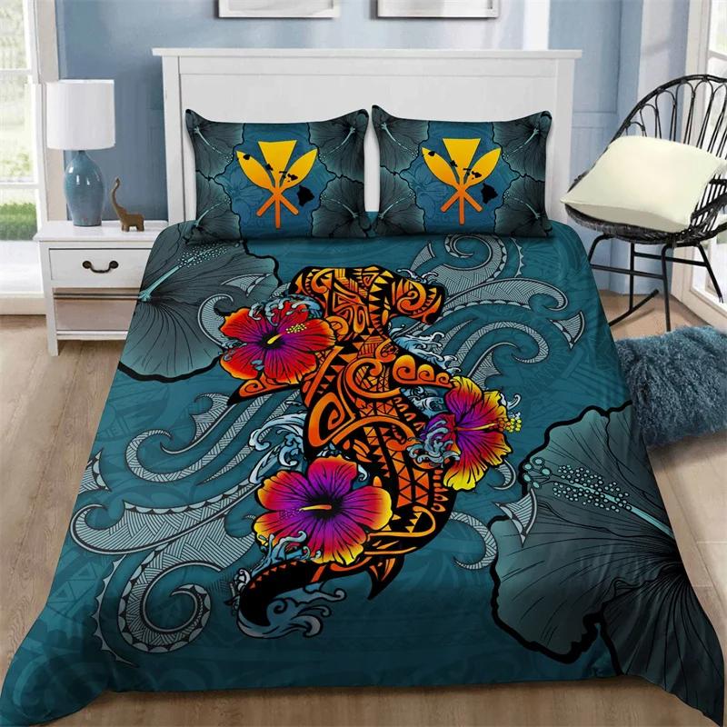 Hibiscus Floral Duvet Cover Tribal Polynesian Turtle Bedding Set Single Twin King Microfiber Plumeria Hawaiian Comforter Cover
