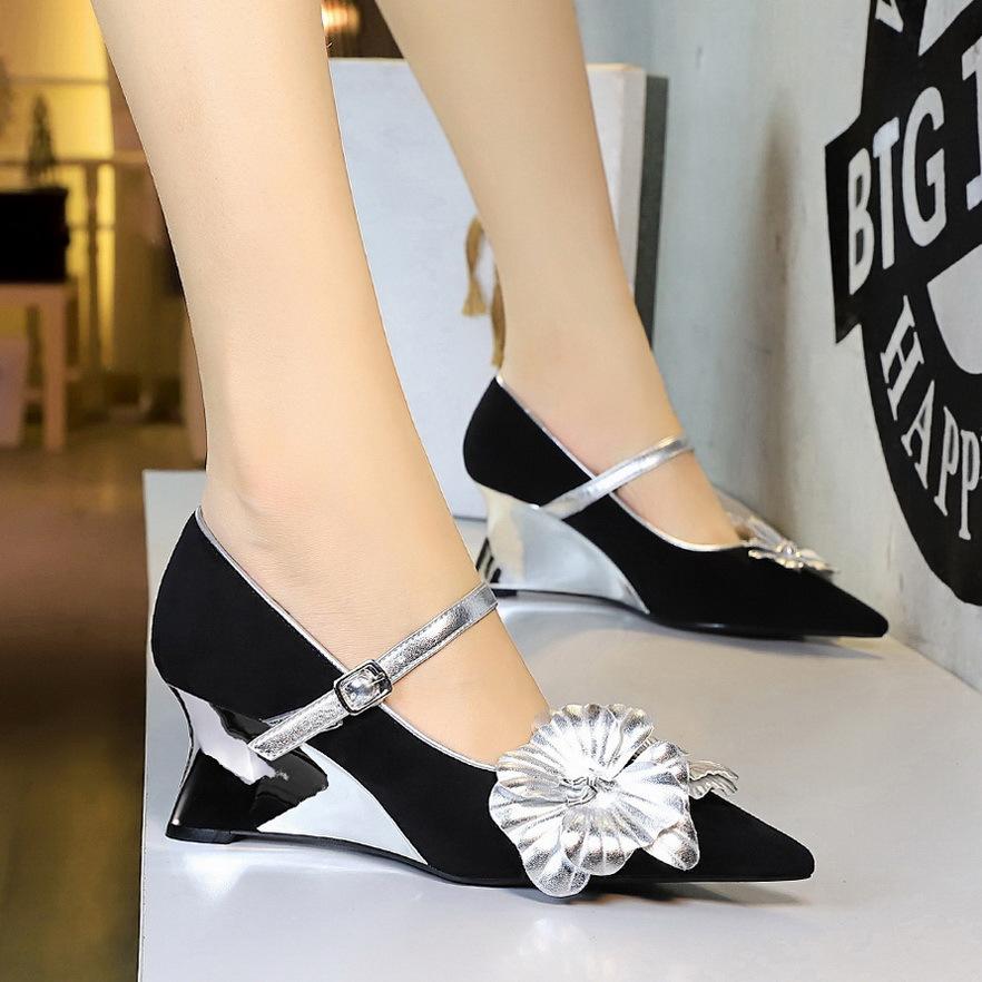 

2905-H75 Туфли с металлическим каблуком и танкеткой в европейском и американском стиле, однотонные туфли с заостренным носком и светлым носком на высоком каблуке 35 чёрный