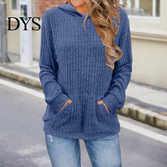 Warm Long-sleeve Sweater Women Knitted Hooded Long Sleeve Loose Fit Ribbed Knitting Pullover Tops with Pockets Casual Solid Color Autumn Knitwear
