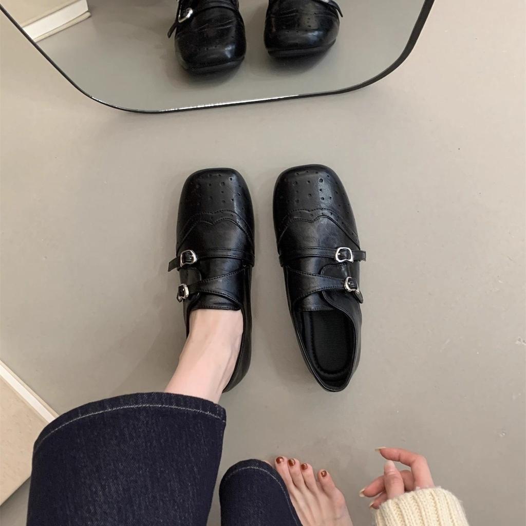 Inner Height Increase and Fleece Retro Square Head Single Shoes Platform Loafers Women's British Style Small Leather Shoes