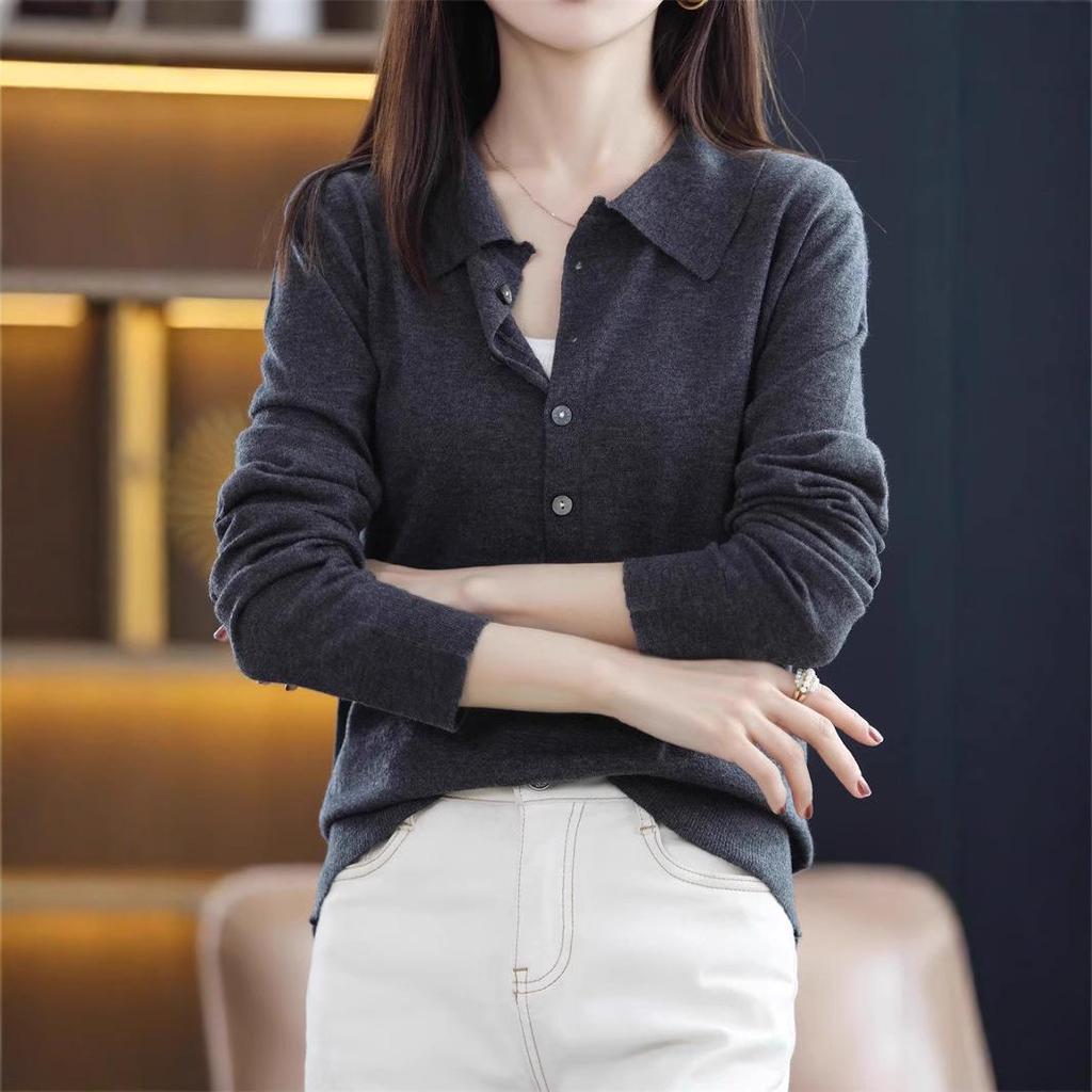 Women's Long-Sleeve Pure Wool Cardigan: Slimming, Fashionable Knitwear with Shirt Collar