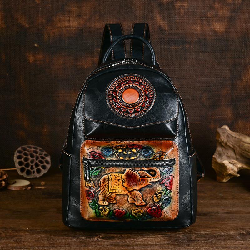 Johnature Mochila de couro feminina retrô com estampa de elefante, estampa de grande capacidade, bolsas de viagem para lazer